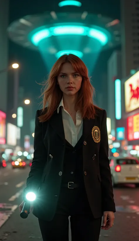 (low-angle perspective:1.6), (medium-shot:1.8), fearless FBI agent in black suit (voluptuous cleavage, white V-neck blouse), official FBI logo patch on the left chest, gripping an iPhone 15 Pro Max and tactical flashlight, the flashlight is on, (hyper-real...