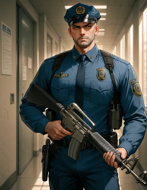 masterpiece, best quality, high res, highly detailed, 1boy, mature man, male focus, solo, stern expression, an security guard standing in a modern, indoor hallway, dressed in a dark blue uniform with visible insignia and patches, holding an m16 service rif...