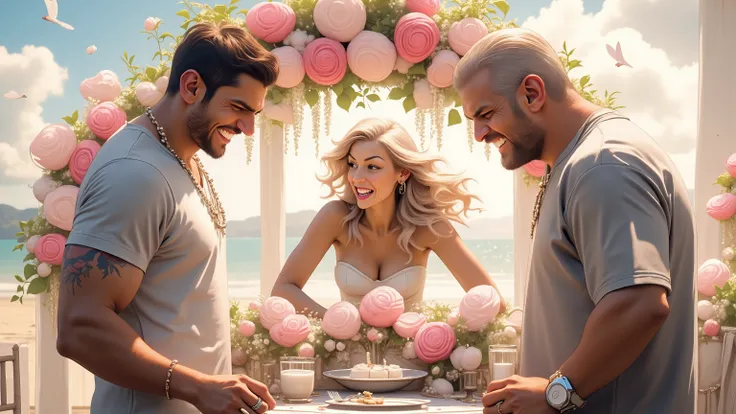 young The bride and groom are standing together and looking surprised at a 28 year old guy who is yelling at them. The bride is wearing a wedding dress, she is very spectacular. She has long blonde hair. The groom is wearing a gray suit, the groom has shor...