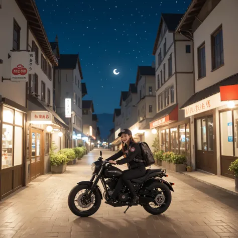 A girl wearing a Yokosuka jumper is on a street corner in a Japanese suburb, Uber Eats(Uber Eats) Expressing a Backpack , Depicting a Motorcycle Delivery Man , the light on the bike bed is clearly visible on the night of the crescent moon,,Fantasy pop art ...