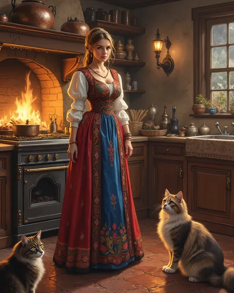 A beautiful Russian woman donning a traditional Caucasian costume, she is in the iconic traditional Russian kitchen cooking meals, intricate scene, fluffy Mainecoon cat, objects and other characters, drawn digitally by color comic master Don Lawrence, awar...