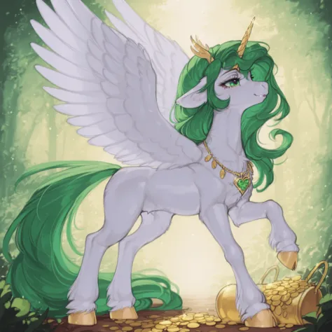 score_9, score_8_up, score_7_up, score_6_up, score_5_up, score_4_up, show accurate, full body, detailed background, feral pony, female pony, regal and enchanting appearance, original character, alicorn with a golden horn and large golden-feathered wings ad...
