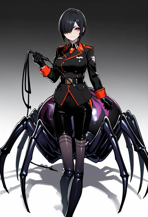 Arachne Girl. Military uniform. Black hair. Straight hair. Short hair. One eye covered. Sexy gaze. Black costume. Gloves. Spider legs. Phosphorescent spider. Whip. Pert breasts. Multiple legs.