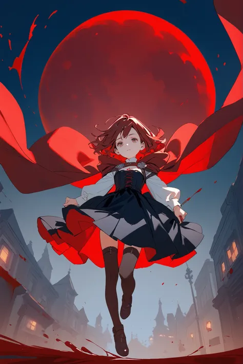 red cape, black dress, corset, white shirt, long sleeves, black skirt, black thighhighs, bandolier, red light, darkness, blood moon, red moon