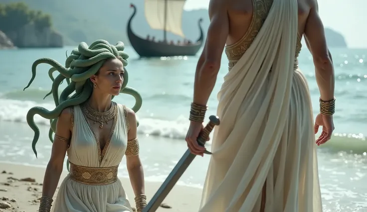 A dramatic scene from ancient Greek mythology. A beautiful young wounded Medusa Gorgon with green snake hair kneels on a seashore, wearing a light ancient Greek tunic with ornamental patterns. Her face shows fear and confusion, not understanding why she is...