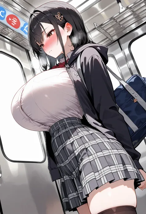 (ultra-detailed:1.4),(solo,girl,curvy,),long sleeves,open hoodie,gray pleated skirt,plaid skirt,thighhighs,school bag,(huge breasts,disproportionate breasts:1.1),slender,(skinny body:1.3),(nalow waist:1.3),((曲線美)), Curvaceous physique,(華奢で胸が大きい),(細い手足),bla...