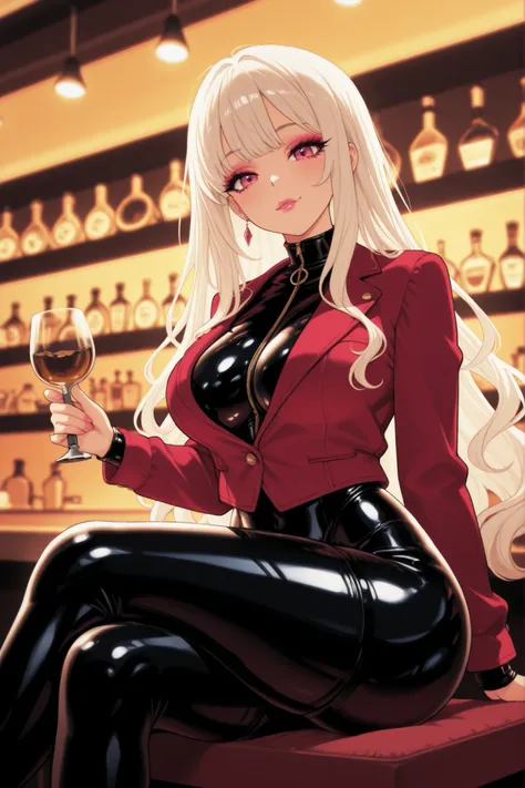 Anime-style woman sitting in a cozy, softly lit Bar. Sitting at the bar, holding a a silver fork eating a steak with potatoes. She wears a glossy black latex catsuit that hugs her exaggerated hourglass curves and enhances her voluptuous figure. Her hair is...