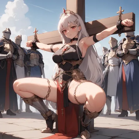 ((best quality)), ((masterpiece)), (detailed), perfect face, SOLO, ((1 GIRL)), ANIME, beautiful detailed eyes, long straight hair, white hair, RED EYES, (((black High leg bodysuit)), (((black breastplate))), Choker, shame, sweaty body, sweat, hairclip, shi...
