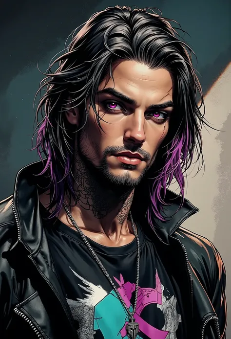 digital drawing of a (striking man:1.3), (lean athletic build:1.2), casual modern outfit, (long wavy hair:1.1) dark brown and white, (messy style:1.2), (piercing purple eyes:1.5), light skin tone, (black leather jacket:1.2), white t-shirt underneath, high ...
