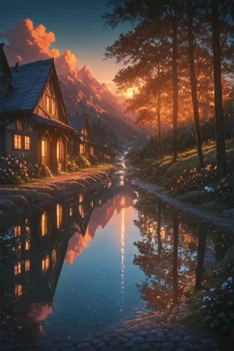 a small village by the river, mountains in the background, floral flowers colorful, detailed landscape, Beautiful natural landscapes, atmospheric lighting, scorching sunset, warm colours, practical, photopractical, Detailed Foliage, complex buildings, cobb...