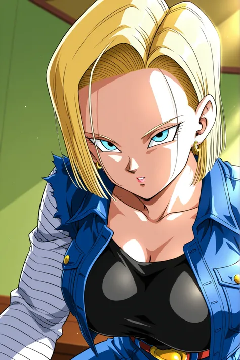  Android 18 (Dragon Ball Z), Big Breasts, Android 18, ZZ Android 18  , blue eyes,  golden hair, short hair, jacket,   denim  ,   denim   jacket, black top underneath,   jewelry, earrings, long sleeve, shirt, skirt for ears, belt, stripes,  upper body, star...