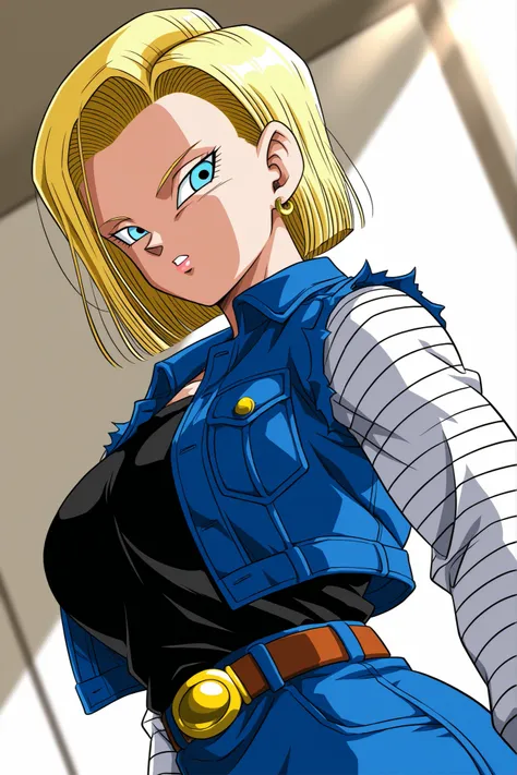  Android 18 (Dragon Ball Z), Big Breasts, Android 18, ZZ Android 18  , blue eyes,  golden hair, short hair, jacket,   denim  ,   denim   jacket, black top underneath,   jewelry, earrings, long sleeve, shirt, skirt for ears, belt, stripes,  upper body, star...