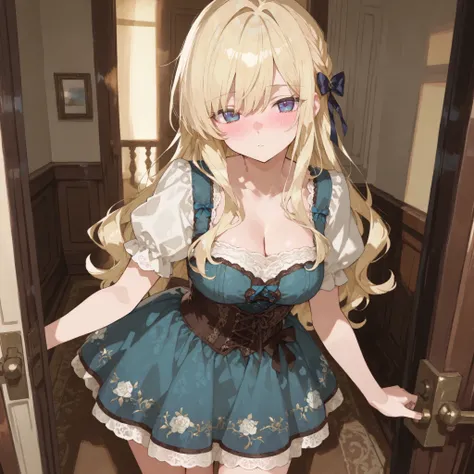 a cute shy anime girl standing at the doorway, short light blonde wavy long hair, round blue eyes, blushing cheeks, A long, ivory-colored dress with a delicate floral print. The dress features a square neckline with a lace trim and short puff sleeves with ...