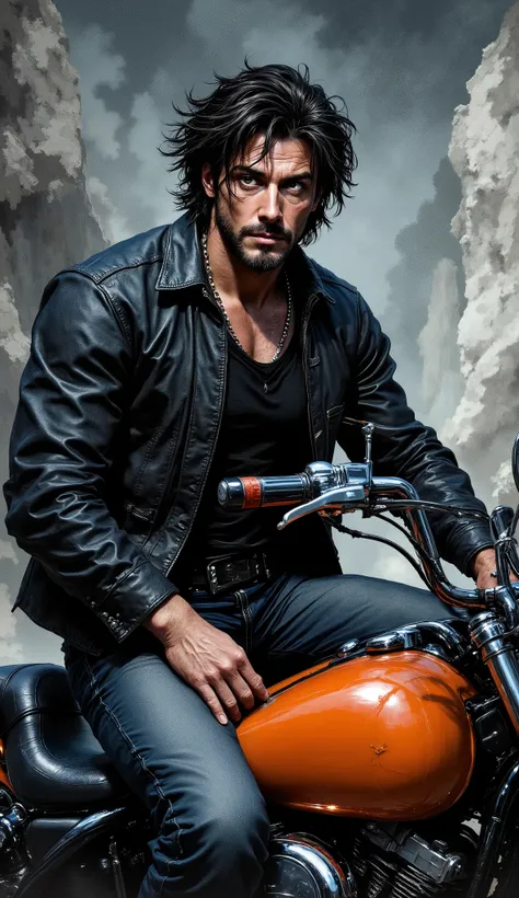 Create a detailed oil painting in dark fantasy style featuring Sylvester Stallone as a middle-aged man on a Harley-Davidson. He has a stern, tired expression, dark disheveled hair, and is wearing a black leather jacket, an unbuttoned black shirt, and blue ...