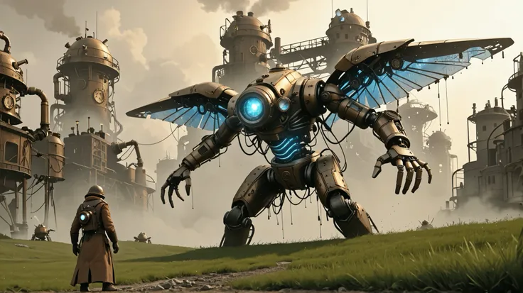 Spark, exaggerate the cinematic light, Spark biru dari karakter robot, there are small steampunk robot robots around the large robot characters