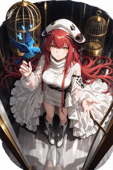 1 girl , golden eyes , very long hair , long sidelocks, red hair ,half updo,  petite , very cute , beautiful ,Straight hair, cool, handsome, hair between eyes, sexy, medium breasts ,
 nightingale (arknights), hair spread out, beret, turtleneck sweater, lon...