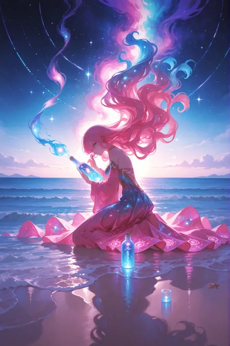 under the stars、Kneeling on the Beach 、, She has a glowing bottle filled with swirling colors.A magical aura is coming out of the bottle、That aura continues all the way to the heavens,very long blond hair,wavy hair with sparkles in shades of pink and blue,...