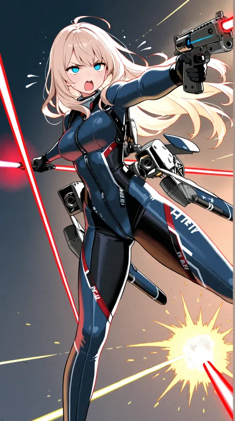female, high leg bodysuit, The arm is deformed into a firearm, two-legged propeller, Precision Machinery, Illumination, Fever, exhaust, Laser Pointer , dynamic pose,