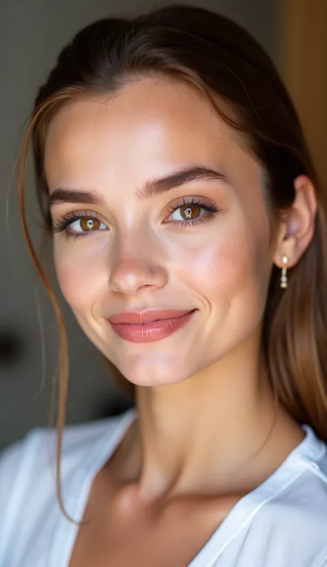 A young woman, 18 years old, with flawless, refined facial features, radiating youthful vitality. Her skin is smooth and fair, with a subtle peachy blush that adds a natural freshness. She has large, warm brown eyes with thick, long lashes, giving her gaze...