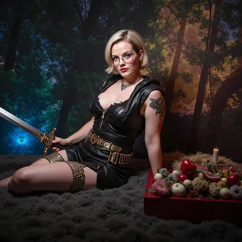 Siobhan Thompson, flawless beauty, fit, pinup model, lying or seated, bright striking lipstick and eyeshadow, deep cleavage, calves in view, short blonde hair, magical fantasy scene, sexy armoured magic warrior, outfit has splits and cutouts, outfit has gl...
