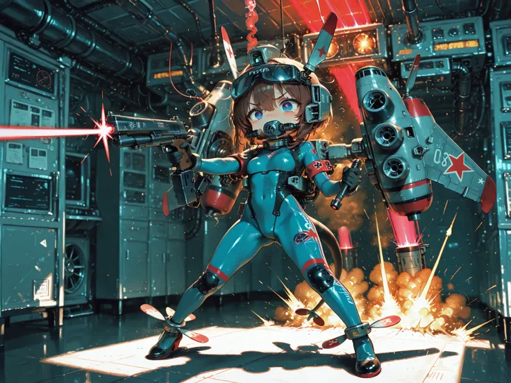 female, high leg bodysuit, The arm is deformed into a firearm, two-legged propeller, Precision Machinery, Illumination, Fever, exhaust, Laser Pointer , dynamic pose,