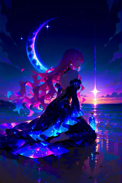 under the stars、Kneeling on the Beach,details of her gentle face,She has a glowing bottle filled with swirling colors.A magical aura is coming out of the bottle、That aura continues all the way to the heavens,very long blond hair,wavy hair with sparkles in ...
