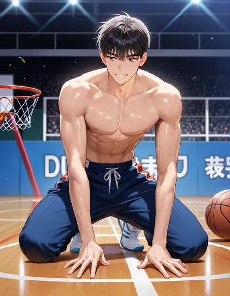 masterpiece, best quality, Ultra High Resolution, anime style, male focus, Basketball match, manhwa uke, japanese boy, high school students, Dumping, Dynamic Capture, very handsome, Perfect Face, Cute Face, Clear and beautiful detailed eyes, black short ha...