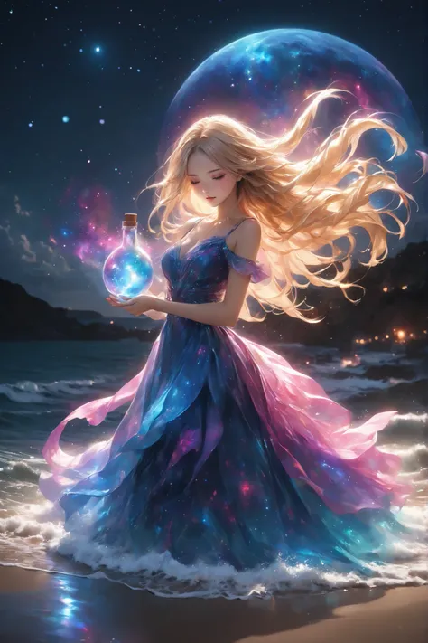 under the stars、Kneeling on the Beach 、, She has a glowing bottle filled with swirling colors.A magical aura is coming out of the bottle、That aura continues all the way to the heavens,very long blond hair,wavy hair with sparkles in shades of pink and blue,...