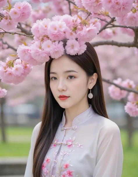 Chinese Beauty Female, Under Sakura Tree,Wearing Beauty Cheongsam.
