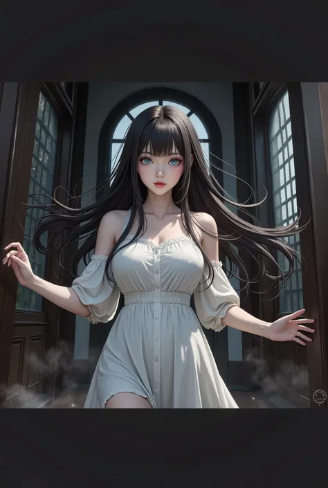 ((Accurate)) a beautiful Ghost lady, long black hair with Light Blue eyes ((glowing eyes)), Smiling with fangs, pink glossy lips, wearing Overalls long plain white gown dress, (( Detailed Torn dress )) catwalking pose, hidden arms, hidden hands )), breat...