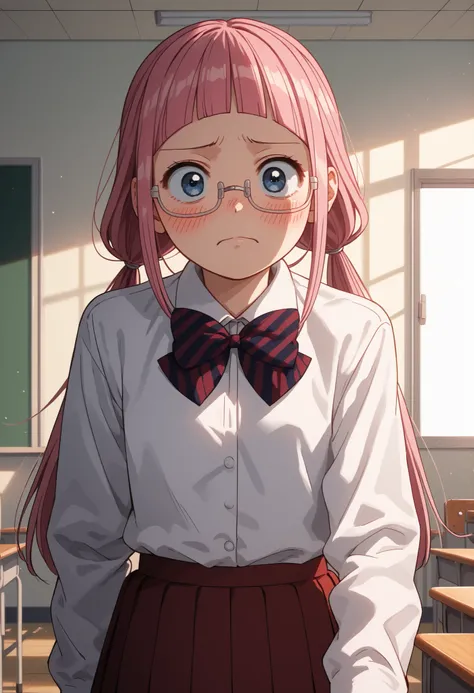 score_9, score_8_up, score_7_up, solo source_anime, makeruyadano, makeru yadano, long hair, bangs, ponytail, pink hair, twintails, blunt bangs, blue eyes, glasses, skirt, shirt, long sleeves, bow, school uniform, white shirt, pleated skirt, striped, collar...
