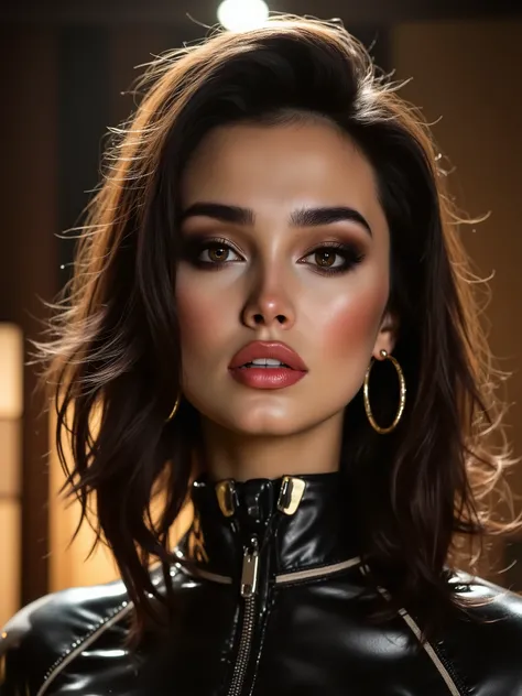 A portrait of a woman, (makeup:1.4), amazing body, (fit body:1.2), latex outfit, highly detailed fur, natural skin texture, 4k textures, detailed belly, Highly detailed perfect , Lightroom, Intricate, Ultra-Realistic, Out There, (HDR:1.3), UHD, (Intricate ...