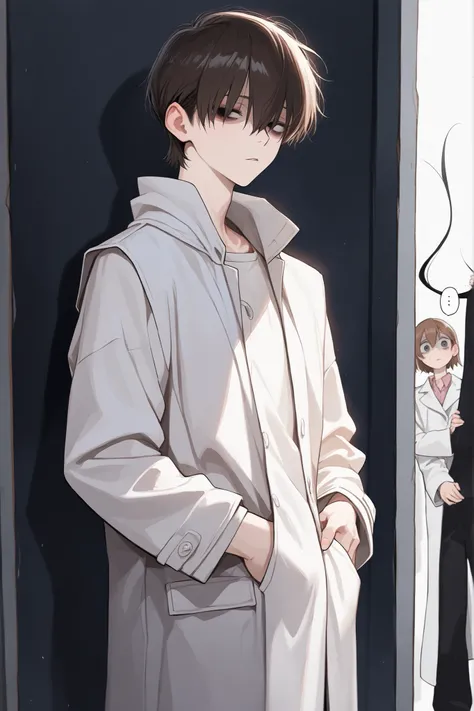 ((best quality)), ((masterpiece)), (details), a slender man in a white coat, A man with a slender body, 1 man with a tight back, I have a nail hammer in my hand, Brown haired with short hair, Black eyes with sleepy eyes, Dressed as a doctor,