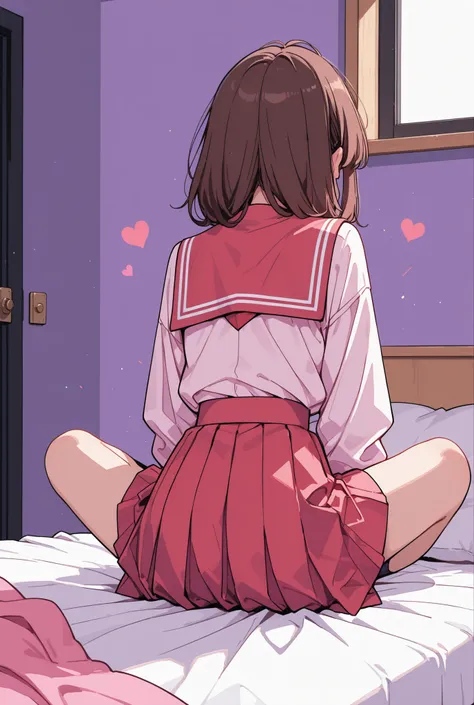 red sailor suit Summer clothes pleated skirt high school girl Sitting cross-legged Lots of pink hearts Brown Hair Facing away Hide your butt with a skirt on bed night dim on the steps