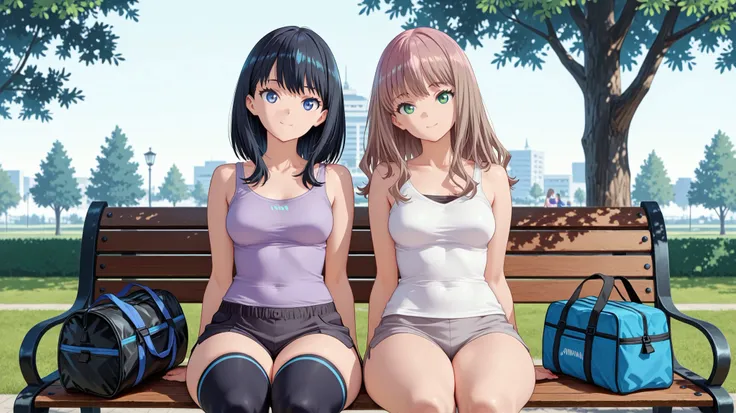 minami yume, takarada rikka (gridman universe) Two beautiful girls sitting on a bench in a park, both wearing tank tops and shorts. the woman on the left, with long brown hair, is wearing a purple tank top and gray shorts, and has a relaxed expression on...
