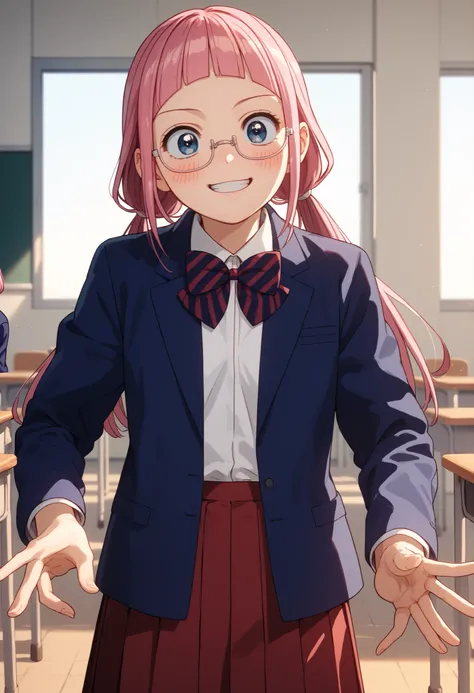 score_9, score_8_up, score_7_up, solo source_anime, makeruyadano, makeru yadano, long hair, bangs, ponytail, pink hair, twintails, blunt bangs, blue eyes, glasses, skirt, shirt, long sleeves, bow, school uniform, blue blazer. white shirt, pleated skirt, st...
