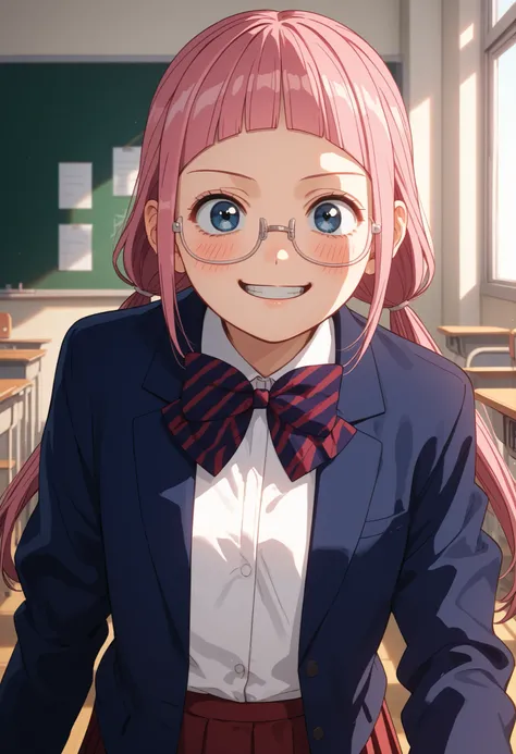 score_9, score_8_up, score_7_up, solo source_anime, makeruyadano, makeru yadano, long hair, bangs, ponytail, pink hair, twintails, blunt bangs, blue eyes, glasses, skirt, shirt, long sleeves, bow, school uniform, blue blazer. white shirt, pleated skirt, st...