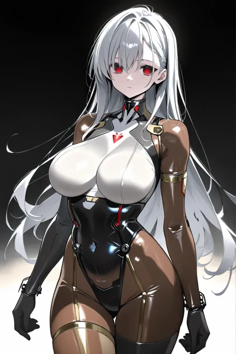  empty red eyes、long silver hair、skin bodysuit、(cyborg、 robot joints 、expressionless) 、((extremely large breasts))、anime style、high image quality、high quality