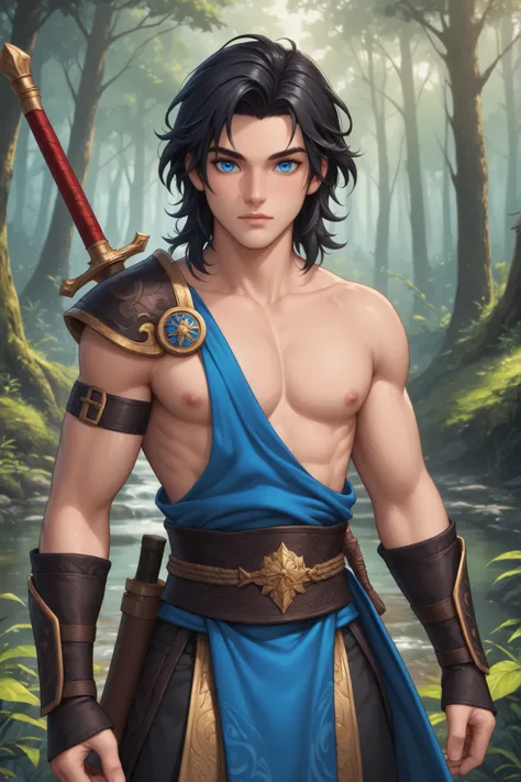 1man, adult, RPG, fantasy, monk, black hair, medium hair, wilder hair, blue eyes, masterpiece, best quality, at the forest