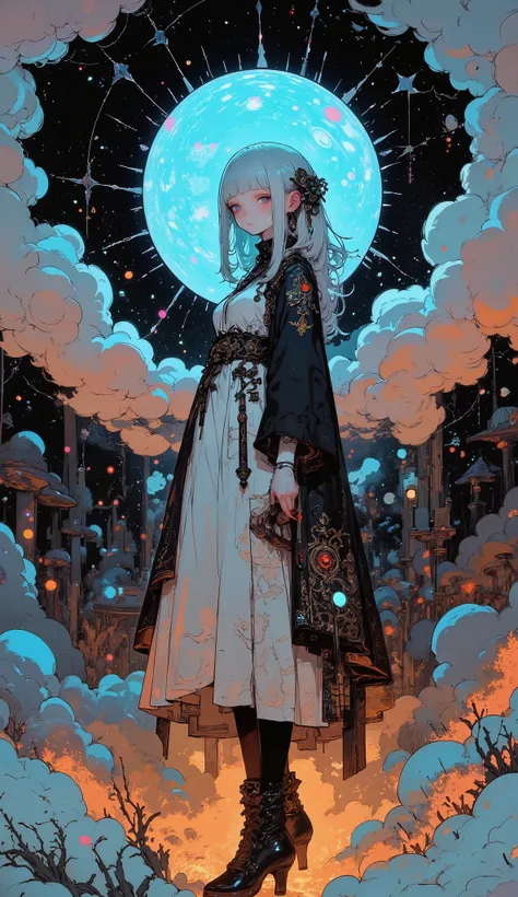 Appearance of a Witch Floating in the Air、Giving off shining magic,Magic Circle and Sparkling Sparks in the Background,Long walking stick,神聖幾何学模様のdetailsなローブが風になびく,an expression of unwavering concentration and determination,Dramatic Lighting Effects ,Vivid...