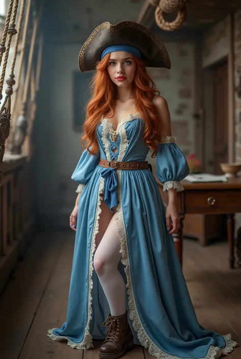 Full-length gorgeous pirate girl,posing game. shocking lips, chestnut curls, blue headband, blue dress with lace and silk fringes, cut, garter, hip, white stockings, shoes. 18K, 9HDR, ultra realistic, 3D, full body image, employ intricate details to convey...