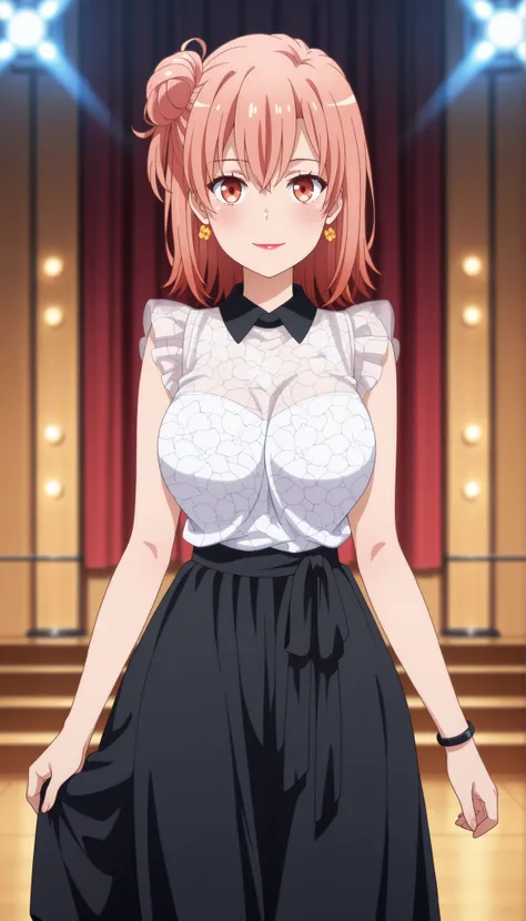 anime screencap, masterpiece, best quality,

1girl, solo, closed mouth, light smile, blush,
medium hair, orange hair, single side bun, orange eyes, hair between eyes, flower earrings, red lips,
YuiDress, wing collar, black collar, frilled shirt, sleeveless...