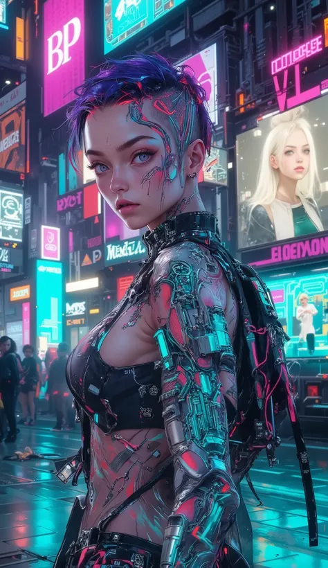 "Create a vibrant portrait of a young woman with strikingly dyed hair in vivid purple, neon pink, and electric turquoise. Shaved side of her head features an intricate tattoo design resembling an electronic circuit board with glowing neon blue and silver l...