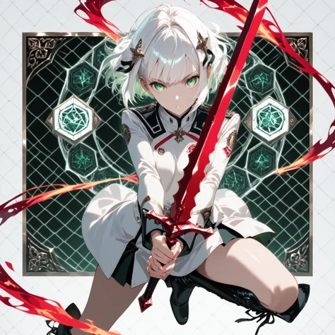 1 girl, green eyes, Red Sword, Dynamic Poses,white hair, school uniform, white uniform with a few brown accents, High Knee Boots , holding sword, spread your hands, stare at the viewer, simple hexagonal background