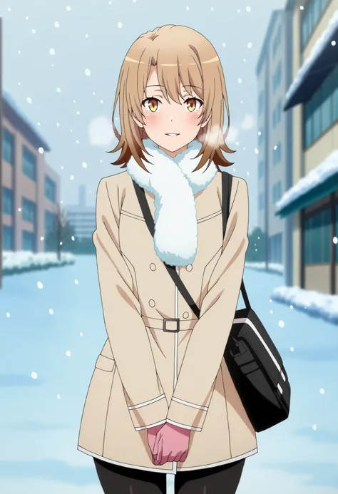 anime screencap, masterpiece, best quality,

1girl, solo, parted lips, light smile, blush, breath,
medium hair, multicolored hair, light brown hair, brown hair, yellow eyes, hair between eyes, wide hips, soft thighs, 
white scarf, fur collar, brown coat, h...