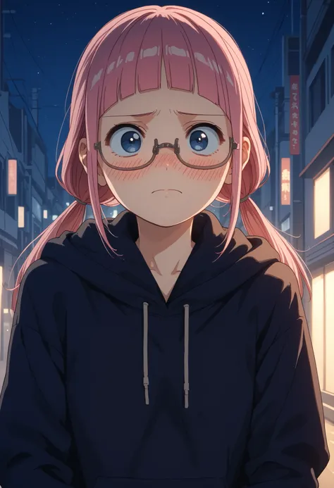 score_9, score_8_up, score_7_up, solo source_anime, makeruyadano, makeru yadano, long hair, bangs, ponytail, pink hair, twintails, blunt bangs, blue eyes, glasses, casual clothing, hoodie, on a city street, night time, moonlight, embarrassed, blush, lookin...