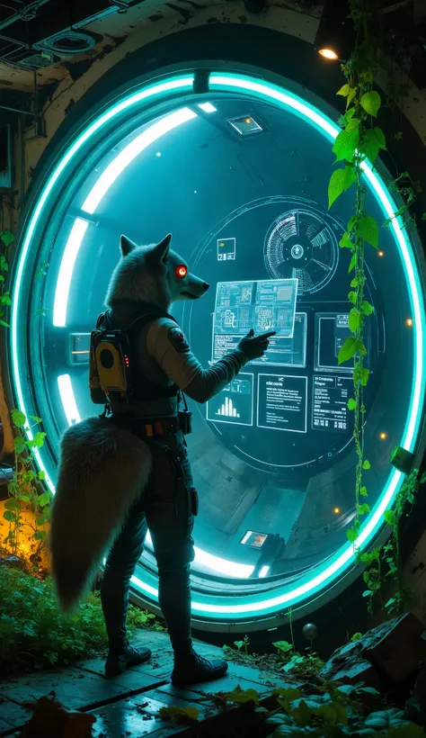 Generate an image of a wolf standing inside an abandoned space station, now overtaken by glowing, bioluminescent vines that pulse with neon green and blue light. The wolf, with sleek gray fur and a futuristic headset, functions as a data archivist, meticul...