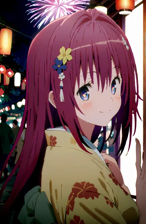 Kurosaki Mea , stupid hair, blue eyes, red hair,long hair,stupid hair,side lock,single bun hair,flower hair ornament with ears, red flower pattern kimono,smile,blush,grinning,Light up fireworks,Japanese stalls ,Red Lantern,standing,crowd,in their 40s outdo...