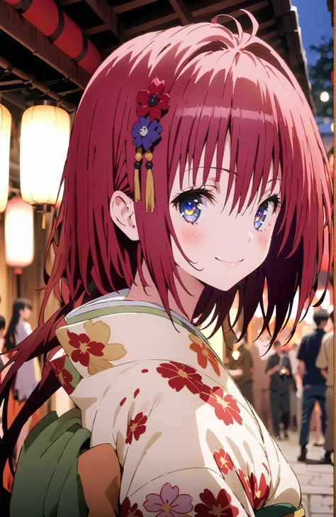 Kurosaki Mea , stupid hair, blue eyes, red hair,long hair,stupid hair,side lock,single bun hair,flower hair ornament with ears, red flower pattern kimono,smile,blush,grinning,Light up fireworks,Japanese stalls ,Red Lantern,standing,crowd,in their 40s outdo...