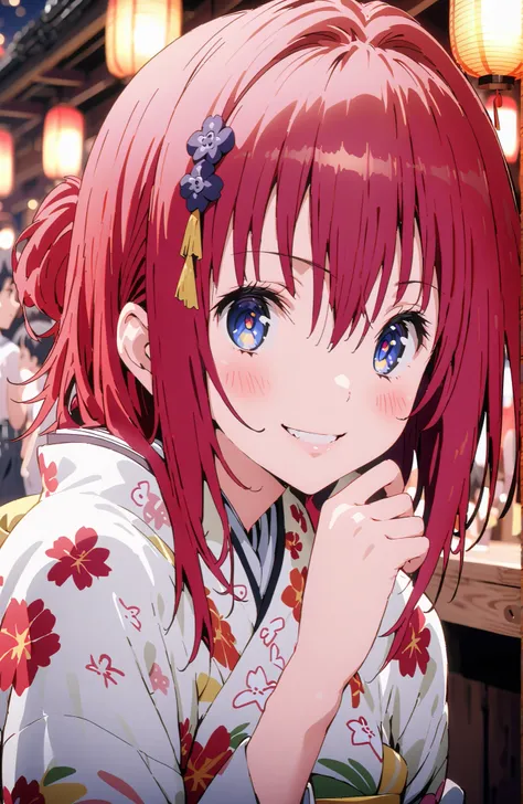 Kurosaki Mea , stupid hair, blue eyes, red hair,long hair,stupid hair,side lock,single bun hair,flower hair ornament with ears, red flower pattern kimono,smile,blush,grinning,Light up fireworks,Japanese stalls ,Red Lantern,standing,crowd,in their 40s outdo...